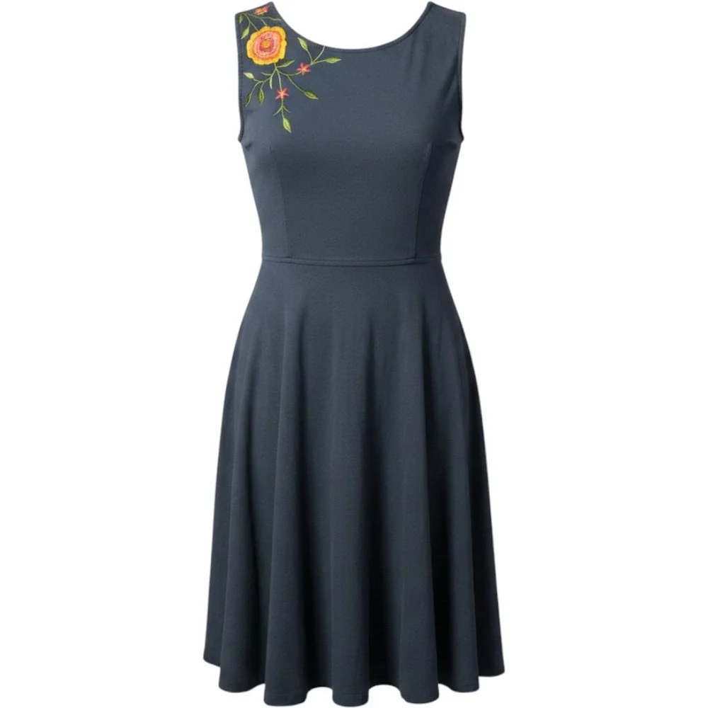 Eshakti Navy Blue Floral Embroidered Fit n Flare Midi Dress Womens Medium Custom - Picture 7 of 10